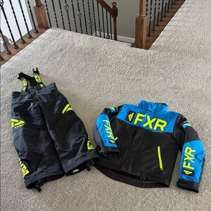 FXR Kids Black & Blue Snow Jacket and Bibs Set - Neon Yellow Accents